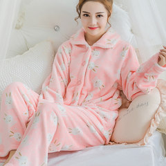 Flannel cute cartoon pajamas female autumn winter thickening coral velvet home suit set long sleeves lady warmth M white