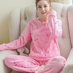 Flannel cute cartoon pajamas female autumn winter thickening coral velvet home suit set long sleeves lady warmth M Cherry set
