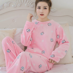 Flannel cute cartoon pajamas female autumn winter thickening coral velvet home suit set long sleeves lady warmth M Pink cute little bear head