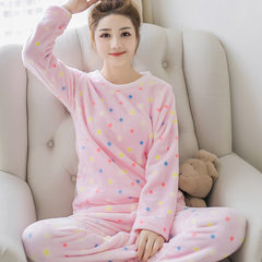 Flannel cute cartoon pajamas female autumn winter thickening coral velvet home suit set long sleeves lady warmth M Pink polka dot set