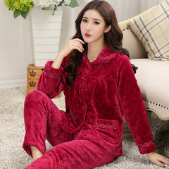 Ladies and young ladies' thickening of young and middle-aged women's flannel pajamas coral velvet home suit M-160 [winter / autumn thickening type] 9808 purple pure color