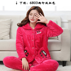 Ladies and young ladies' thickening of young and middle-aged women's flannel pajamas coral velvet home suit M-160 [winter / autumn thickening type] 6803 rose red footprints