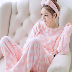 Winter coral velvet pajamas female autumn winter long sleeve thickening and velvet, Korean style lovely flannel suit suit M honeydew