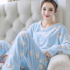 Winter coral velvet pajamas female autumn winter long sleeve thickening and velvet, Korean style lovely flannel suit suit M Blue rabbit