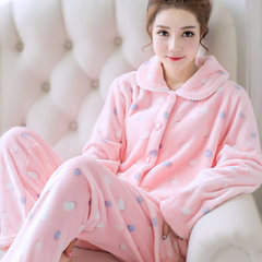 Winter coral velvet pajamas female autumn winter long sleeve thickening and velvet, Korean style lovely flannel suit suit M Pink wave point