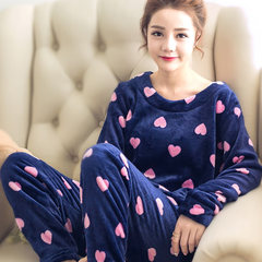 Winter coral velvet pajamas female autumn winter long sleeve thickening and velvet, Korean style lovely flannel suit suit M Tibet Navy