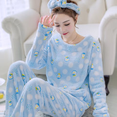 Winter coral velvet pajamas female autumn winter long sleeve thickening and velvet, Korean style lovely flannel suit suit M Sky blue
