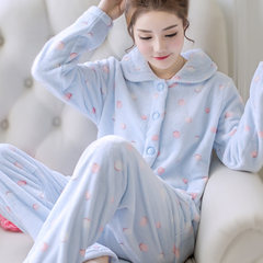 Winter coral velvet pajamas female autumn winter long sleeve thickening and velvet, Korean style lovely flannel suit suit M Blue wave point