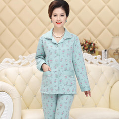 In autumn and winter in elderly female cotton long sleeved pajamas cotton padded clothes Home Furnishing thick warm middle-aged mother cardigan suit XL (weight 120-135) Blue