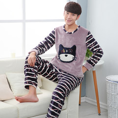 Lovers' pajamas, autumn and winter long sleeve flannel, cute cartoon men and women, autumn and winter coral velvet home suit XL female (140) Lavender
