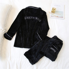 Korean male and female lovers winter Coral Fleece Pajamas loose clothing with long sleeved buttoned Home Furnishing Terry suit tide brand Mens Size black
