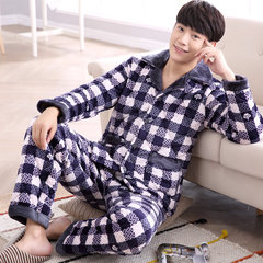 Men's winter three thicker coral fleece flannel clip cotton pajamas with velvet suit jacket Home Furnishing middle-aged male suit L [three layer thickening] Ice blue