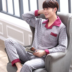 Autumn and winter pajamas female couple sandwich cotton long sleeved thick warm thin cotton pajamas male clothing clip Home Furnishing air cotton L 0022 gray red