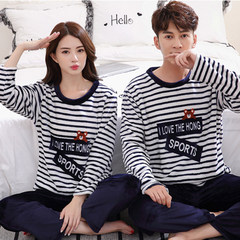 Every day special lovers pajamas, women's winter and winter flannel lovely cartoon male lady coral velvet pajamas women's home wear L (female 90-110 Jin) Striped bear