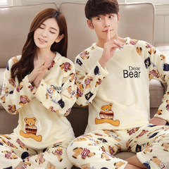 Every day special lovers pajamas, women's winter and winter flannel lovely cartoon male lady coral velvet pajamas women's home wear L (female 90-110 Jin) Yellow bear