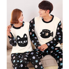 Every day special lovers pajamas, women's winter and winter flannel lovely cartoon male lady coral velvet pajamas women's home wear L (female 90-110 Jin) Cat and fish