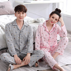 Fu Lin silk pajamas for men and women lovers in spring and autumn Korean cotton long sleeved cardigan thin cotton Home Furnishing suit Female L+ sends male XL Fawn man grey + Female Pink