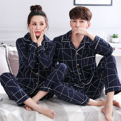 Fu Lin silk pajamas for men and women lovers in spring and autumn Korean cotton long sleeved cardigan thin cotton Home Furnishing suit Female L+ sends male XL A male + Female sapphire blue geometry