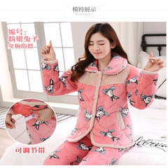 Korean clip cotton pajamas female winter flannel long sleeved coral fleece thick warm winter set in the spring and autumn clothing Home Furnishing code XL[quality assurance three layers cotton thickening] Matte Bunny