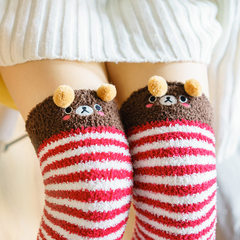 South Korea adult female long barrel knee female coral fluff rings thick warm loose Home Furnishing floor socks Size 35-44 Little brown bear embroidery