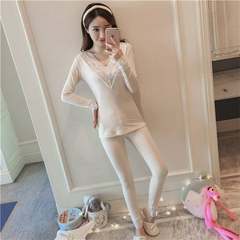 Modal warm underwear lady suit thin thin body with Rongdong long johns cotton shirt 2XL code [suggestion 130-150 Jin] Warmth (V collar lace edge) skin color