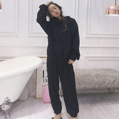 New Korean loose even leisure hat long sleeved pajamas pyjama suit Home Furnishing clothes two sets of female students F black