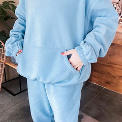 New Korean loose even leisure hat long sleeved pajamas pyjama suit Home Furnishing clothes two sets of female students F Sky blue