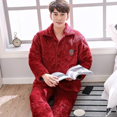 Coral velvet, cotton pajamas, men's autumn winter long sleeves, three layer thickening flannel home clothes, middle and old age suit warmth Thickening and clamping cotton XXXL Male pure red wine