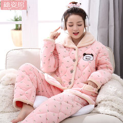 The three layer of thick winter pajamas cotton padded winter coral fleece Flannel Suit Jacket Home Furnishing cute cartoon. XL [125-145 Jin] [shrimp color] flannel thickening three layers of cotton pajamas