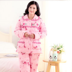 Special offer every day in winter flannel clip cotton pajamas female three thicker cotton and cashmere thermal Home Furnishing suit jacket L code [three layer thickening warmth] Three layer thickening 822 roses