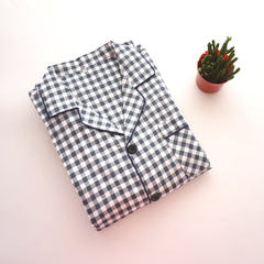 Every day special day, lovers pajamas, spring and autumn ladies, ladies cotton gauze, long sleeved home clothing, thin money M Men's Blue Mini Plaid