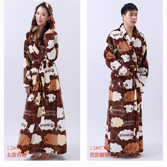 Black and white coral fleece hooded robe female winter thickening Clubman flannel bathrobe male Japanese couple fall pajamas M lengthened cap H03 color