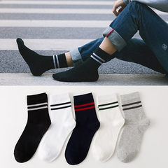 Socks, men's tubes, pure cotton, deodorant, sweat absorbing stockings, men's thickening cotton, autumn and winter, Korean version of College agitation, men's socks Size 35-44 (L819) two bar stripe *5 double loading