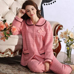 Women's pajamas in autumn and winter, cotton, long sleeves, thickening, mother's mezzanine, home clothes, air cotton, three layers cotton suit M A6163BQM Pink