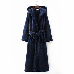 Autumn and winter lengthened Home Furnishing thickened hooded bathrobes clothes Nightgown flannel pajamas increase male couple special offer Large code lengthening Tibet Navy