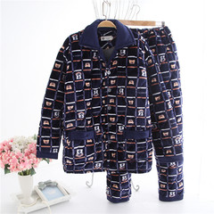 Winter men three thicker clip cotton pajamas long sleeved flannel coral velvet suit jacket Home Furnishing thickening XXL recommends weight 135--155 Plaid bear