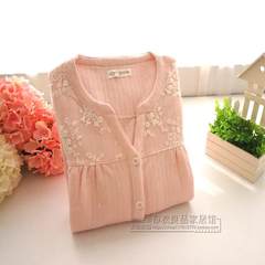 Every day special autumn and winter women's pure cotton air layer cotton jacket, warm pajamas, home clothing, parent-child long sleeved suit M Pink lace