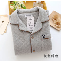 Japanese spring and winter, men's pajamas long sleeved cotton thickening cotton folder, autumn home clothing set big yards warm XL (for 170--195 Jin) Gray solid color