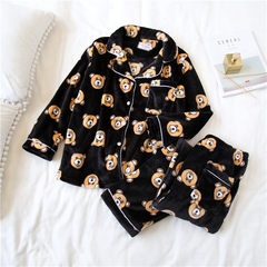 Korean cute bear pajamas, coral plush, casual suit shirt collar, men's and women's winter clothing Mens Size black