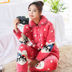 Female cartoon clip cotton pajamas and coral velvet three thicker Korean mother warm flannel suit jacket Home Furnishing XXL [125-150 Jin] 8302# love dog