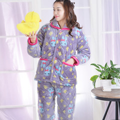 Every day special pajamas, female winter flannel three layer thickening suit, autumn winter coral velvet household clothing folder cotton XXL recommends weight 130--150 Blue rabbit with grey bottom