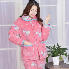 Every day special pajamas, female winter flannel three layer thickening suit, autumn winter coral velvet household clothing folder cotton XXL recommends weight 130--150 White powder