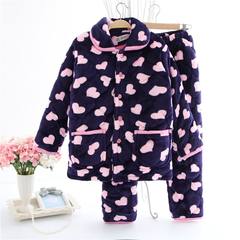 In winter three layer thickening pajamas cotton and cashmere Flannel Suit Jacket Home Furnishing female winter warm suit XXL recommends weight around 130--150 Navy Blue
