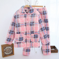 In winter three layer thickening pajamas cotton and cashmere Flannel Suit Jacket Home Furnishing female winter warm suit XXL recommends weight around 130--150 Pink Plaid