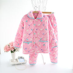 In winter three layer thickening pajamas cotton and cashmere Flannel Suit Jacket Home Furnishing female winter warm suit XXL recommends weight around 130--150 Pink five pointed star