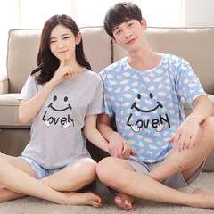 Summer lovers pajamas short sleeves, pure cotton Summer Edition, lovely female cotton, summer style men's loose and thin set Female L code Gray + blue