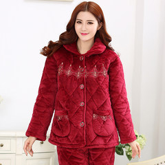 Ladies pajamas three thicker winter coral velvet warm cotton flannel clip elderly size Home Furnishing suit M (80-100 Jin) 610# red wine