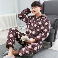 Coral Fleece Pajamas male winter quilted three layer with velvet warm jacket Flannel Suit middle-aged Home Furnishing M [80 Jin --100 Jin] quality assurance Coffee gray dots