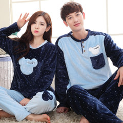 Winter thickening and fat, lovers flannel man, lovely cartoon coral velvet, warm home suit, pajamas set L code for women's wear Blue point bear flannel lovers