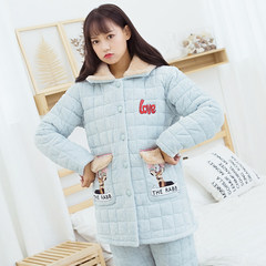 Lilac Meilun winter jacket cotton pajamas three female layer with cashmere Hoodie clothing Home Furnishing cute cartoon long suit L (weight 105-125 kg) Sky blue